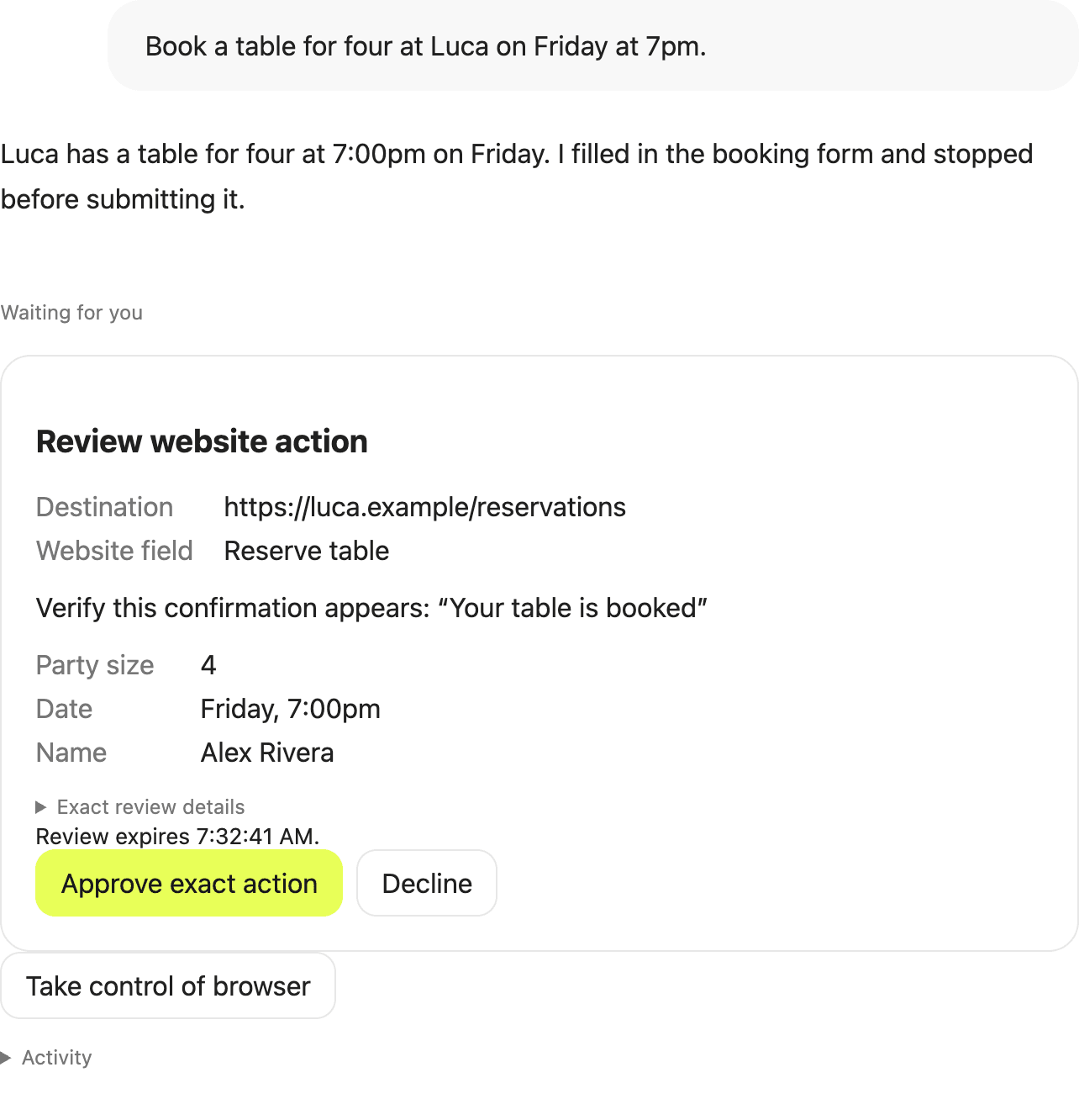 Aven stopping a restaurant booking for review before submitting