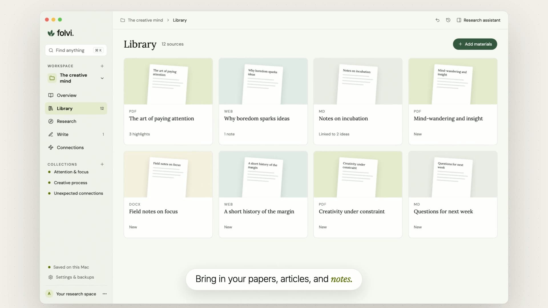 The Folvi library showing papers and notes in a research project