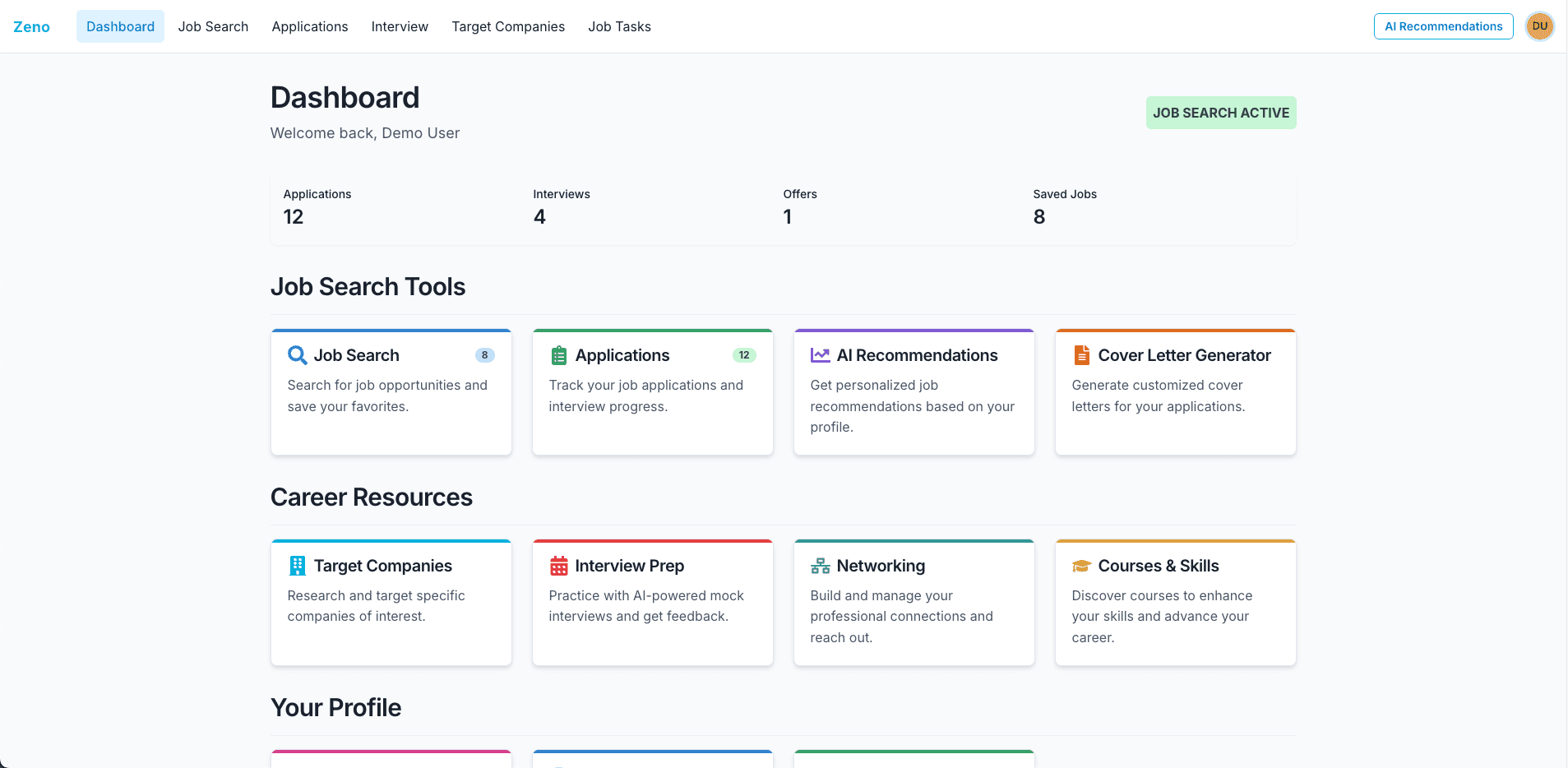 Zeno job search interface