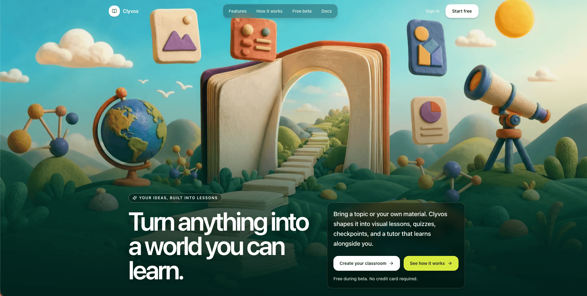 Clyvos public landing page with its illustrated learning world