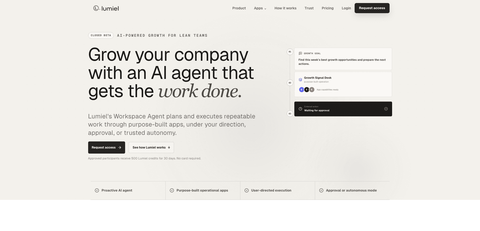 Lumiel public landing page with its growth agent introduction